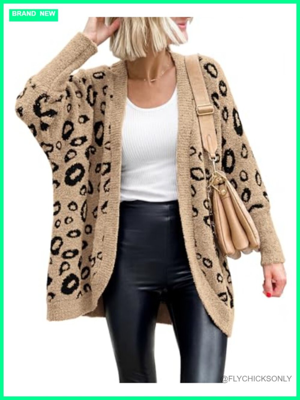 Leopard Print Knit Cardigan for Women Batwing Long Sleeve Open Front Fall Winter